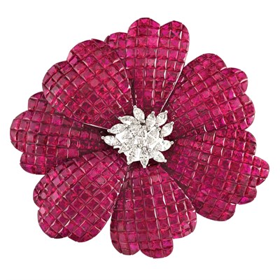 Lot 352 - White Gold, Diamond and Invisibly-Set Ruby Flower Brooch, Alexis