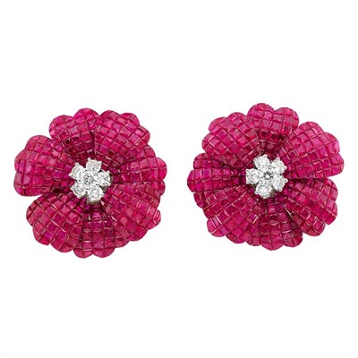 Lot 353 - Pair of White Gold, Diamond and Invisibly-Set Ruby Flower Earclips, Alexis
