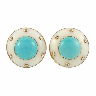 Lot 25 - Pair of Gold, White Agate, Turquoise and Diamond Earrings