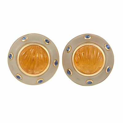 Lot 11 - Pair of Gold, Frosted Rock Crystal, Carved Citrine and Cabochon Sapphire Earrings