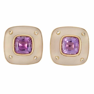 Lot 266 - Pair of Gold, Amethyst, Frosted Rock Crystal and Diamond Earrings