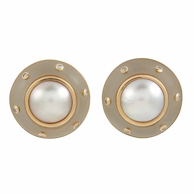 Lot 258 - Pair of Gold, Frosted Rock Crystal, Mabe Pearl and Diamond Earrings