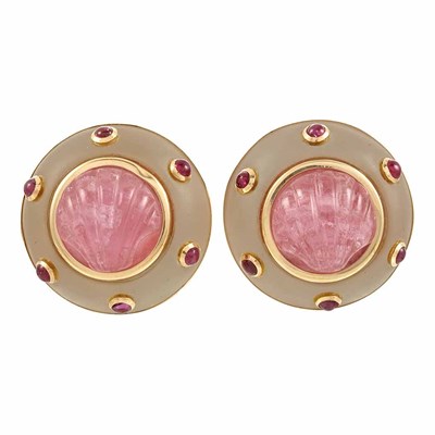 Lot 382 - Pair of Gold, Frosted Rock Crystal, Fluted Pink Tourmaline and Cabochon Ruby Earrings