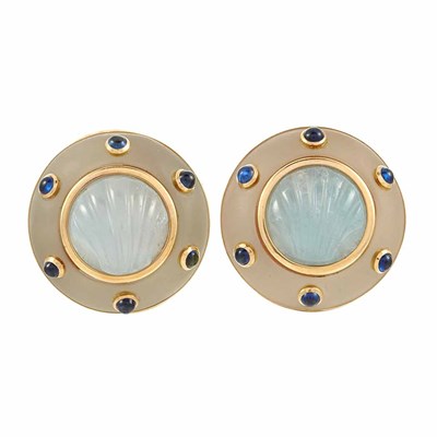 Lot 409 - Pair of Gold, Frosted Rock Crystal, Fluted Cabochon Aquamarine and Cabochon Sapphire Earrings