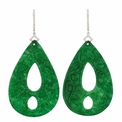 Lot 901 - Pair of White Gold, Diamond and Carved Jade Pendant-Earrings