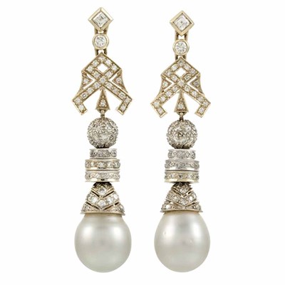 Lot 463 - Pair of White Gold, Diamond and Cultured Pearl Pendant-Earrings