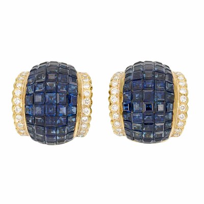 Lot 831 - Pair of Gold, Invisibly-Set Sapphire and Diamond Bombe Earclips