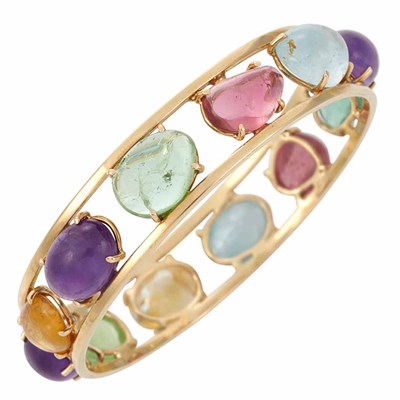 Lot 264 - Gold and Cabochon Gem-Set Bangle Bracelet