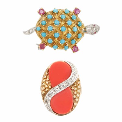 Lot 637 - Gold, Turquoise, Ruby and Diamond Turtle Pin and Gold, Diamond and Acrylic Ring