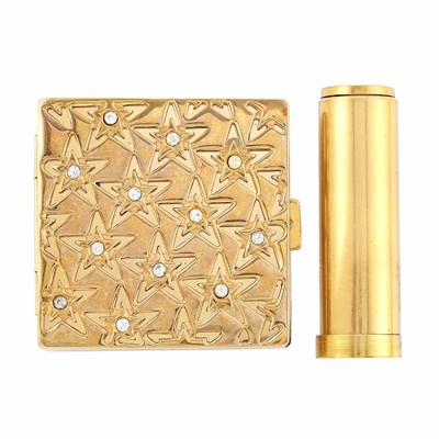 Lot 405 - Gilt Metal and Simulated Diamond Compact and Lipstick Case, Flato