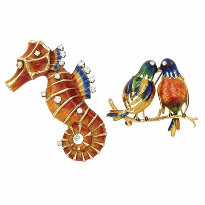 Lot 711 - Gold, Enamel and Diamond Sea Dragon Brooch and Lovebird Pin