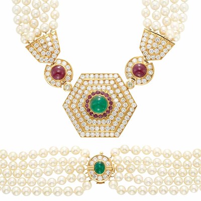 Lot 308 - Five-Strand Cultured Pearl, Gold, Diamond and Cabochon Gem-Set Necklace