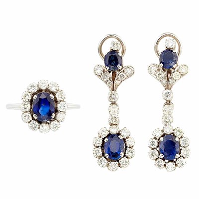 Lot 493 - Pair of Silver, Sapphire and Diamond Pendant-Earrings and Ring