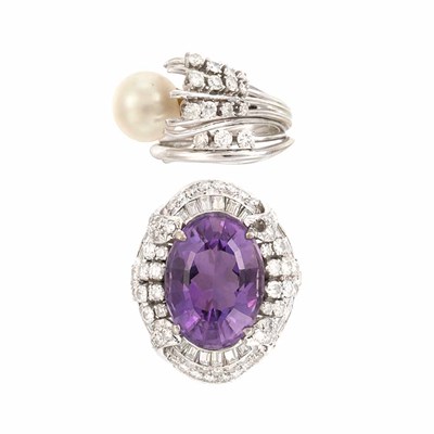 Lot 621 - White Gold, Amethyst and Diamond Ring and Cultured Pearl and Diamond Ring