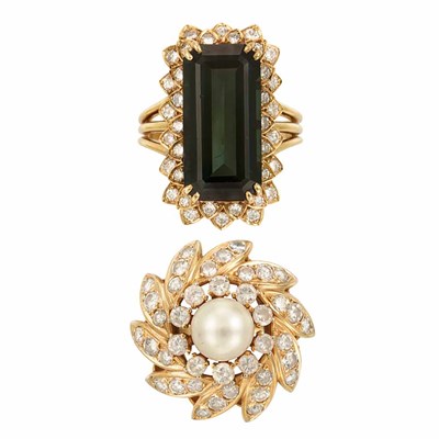 Lot 414 - Gold, Tourmaline and Diamond Ring and Cultured Pearl and Diamond Flower Ring