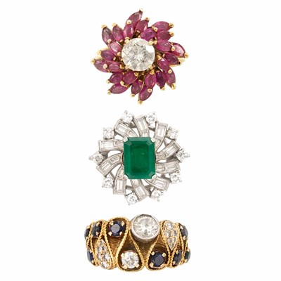 Lot 304 - Two Gold, Diamond and Gem-Set Rings and Platinum, Synthetic Emerald and Diamond Rings