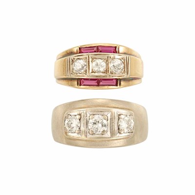 Lot 421 - Two Gentleman's White and Yellow Gold and Diamond Rings
