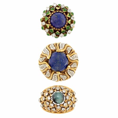 Lot 295 - Three Gold, Hardstone, Gem-Set, Diamond and Enamel Rings