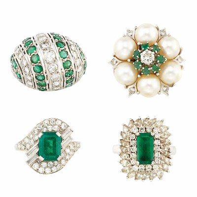 Lot 603 - Four Diamond, Emerald and Cultured Pearl Rings