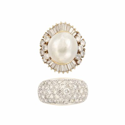 Lot 394 - Two-Color Gold and Diamond Bombe Ring and Semi-Baroque Cultured Pearl and Diamond Ring