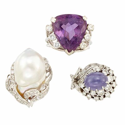 Lot 926 - Three Gem-Set, Baroque Cultured Pearl and Diamond Rings