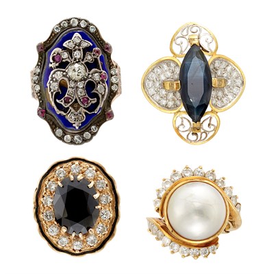 Lot 573 - Three Gold, Gem-Set, Mabe Pearl and Diamond Rings and Antique Silver, Gold, Diamond and Enamel Ring