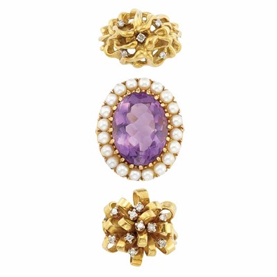 Lot 558 - Two Gold and Diamond Rings and Amethyst and Cultured Pearl Ring
