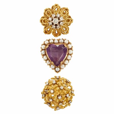 Lot 654 - Two Gold and Diamond Rings and Amethyst and Cultured Pearl Heart Ring