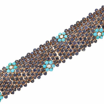 Lot 669 - Gold, Sapphire, Turquoise and Diamond Bracelet