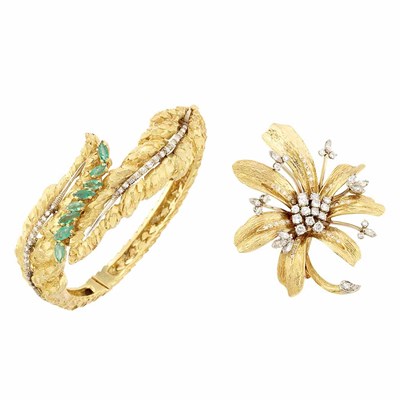 Lot 719 - Gold and Diamond Flower Brooch and Gold, Diamond and Emerald Crossover Bangle Bracelet