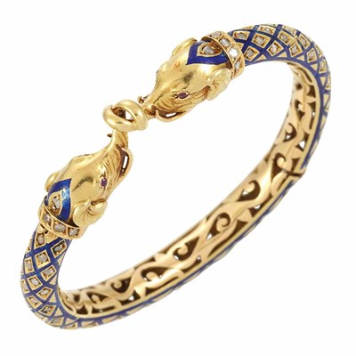 Lot 293 - Gold, Blue Enamel and Diamond Elephant Head Bangle Bracelet