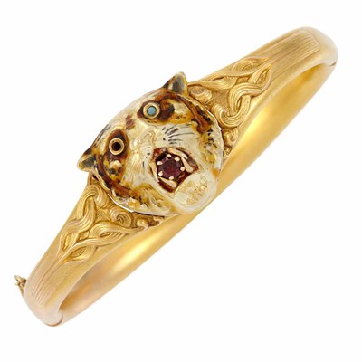 Lot 88 - Antique Gold, Enamel, Turquoise and Garnet Tiger Head Bangle Bracelet