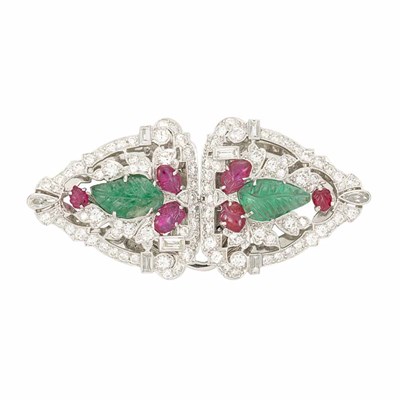 Lot 134 - Platinum, White Gold, Diamond and Carved Emerald and Ruby Double Clip-Brooch