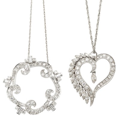 Lot 494 - Two Platinum and Diamond Pendant-Brooches with Chains