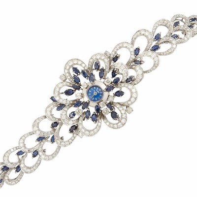 Lot 470 - White Gold, Diamond and Sapphire Bracelet-Watch