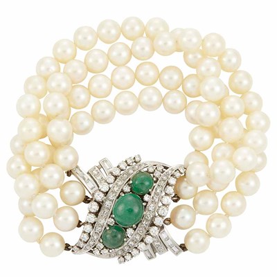 Lot 893 - Four Strand Cultured Pearl Bracelet with White Gold, Diamond and Cabochon Emerald Clasp