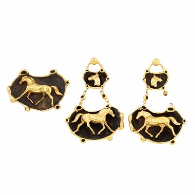 Lot 784 - Pair of Gold and Blackened Gold Pendant Earclips and Ring