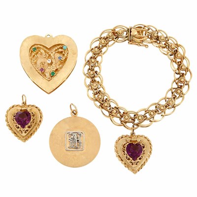 Lot 557 - Gold and Amethyst Charm Bracelet and Three Loose Charms