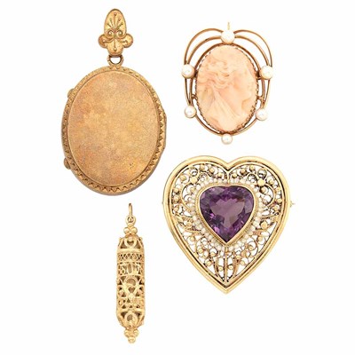 Lot 664 - Group of Gold, Gem-Set and Coral Cameo Jewelry