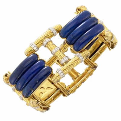 Lot 289 - Gold, Lapis and Diamond Cuff Bracelet