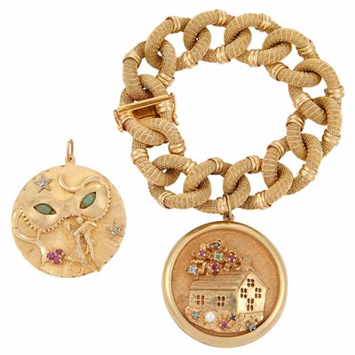 Lot 518 - Gold Link Bracelet with Gold and Gem-Set Charm and Loose Charm