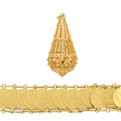 Lot 665 - Gold and Middle Eastern Coin Bracelet and Filigree Pendant