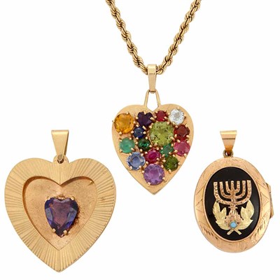 Lot 532 - Gold and Gem-Set Heart Pendant with Chain and Two Gold Pendants