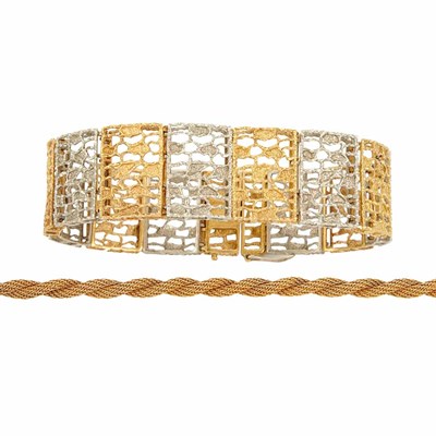 Lot 537 - Two-Color Gold Bracelet and Braided Gold Mesh Necklace