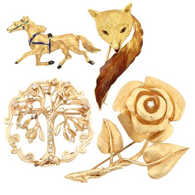Lot 737 - Four Gold, Diamond and Enamel Brooches