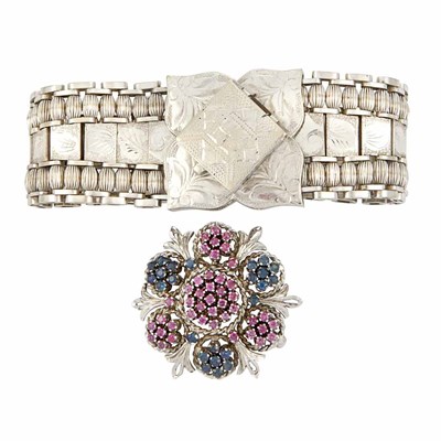Lot 602 - White Gold Bracelet-Watch and Gem-Set Pin
