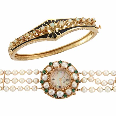 Lot 553 - Triple Strand Cultured Pearl and Gold Bracelet-Watch, Lucien Piccard, Bangle, Bracelet and Ring