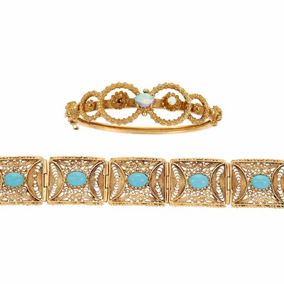 Lot 661 - Gold Filigree and Turquoise Bracelet and Gold and Opal Bangle Bracelet