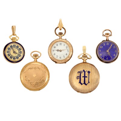Lot 423 - Five Open Face and Hunting Case Gold and Enamel Pendant-Watches