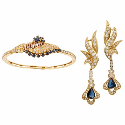 Lot 793 - Pair of Gold, Diamond and Sapphire Pendant-Earclips and Bangle Bracelet